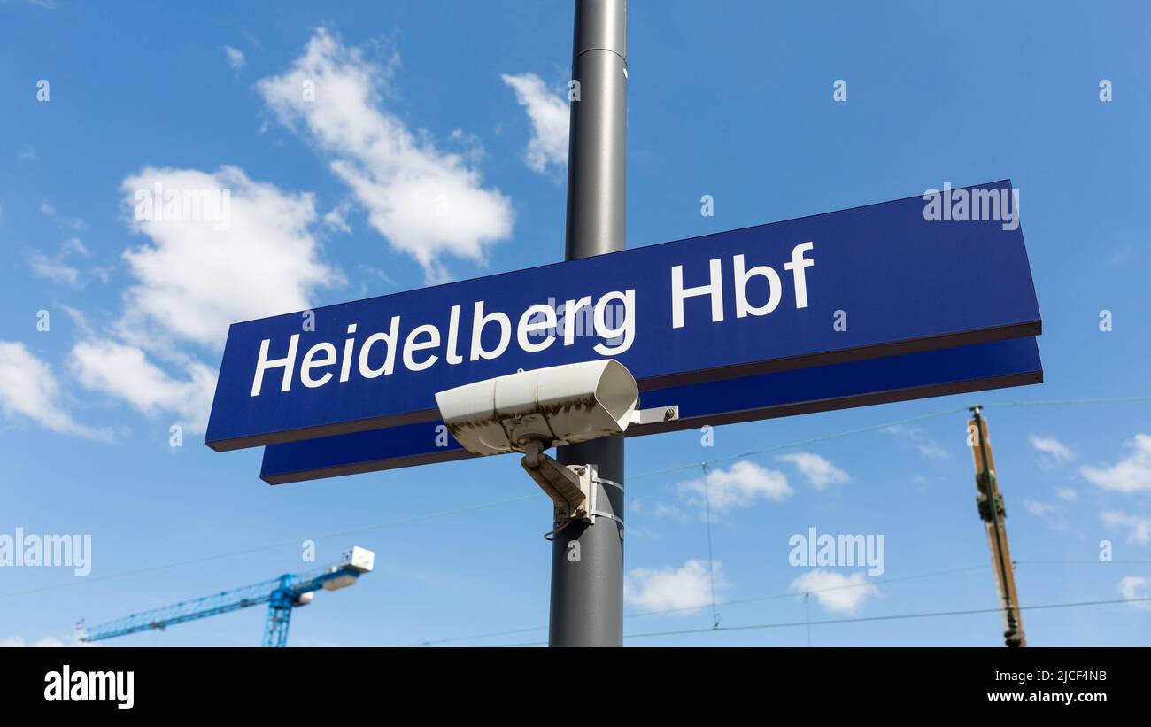 Heidelberg, Germany - Aug 25, 2021: Destination reached: Sign 'Heidelberg Hbf' at the main station of Heidelberg. Stock Photo