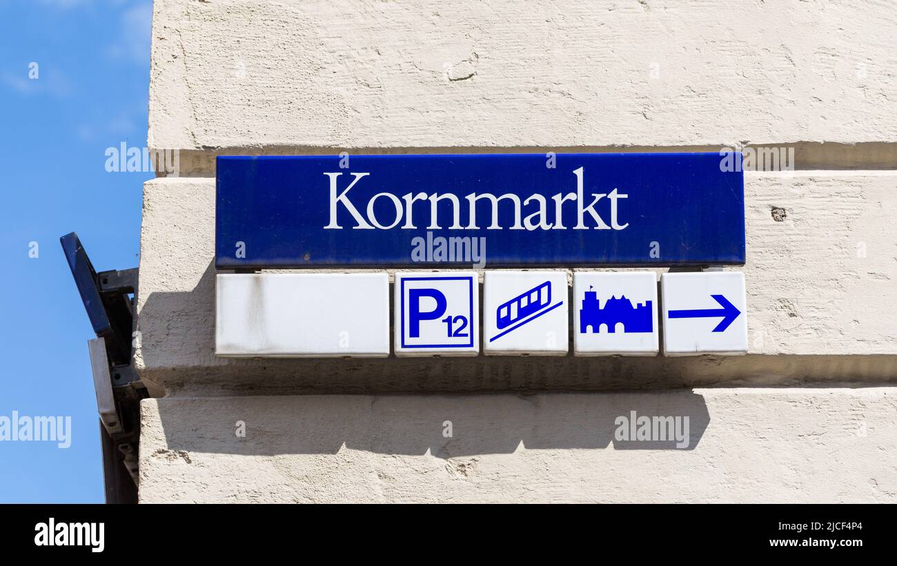Heidelberg, Germany - Aug 25, 2021: Sign Kornmarkt. Famous street in the city center of Heidelberg. Stock Photo
