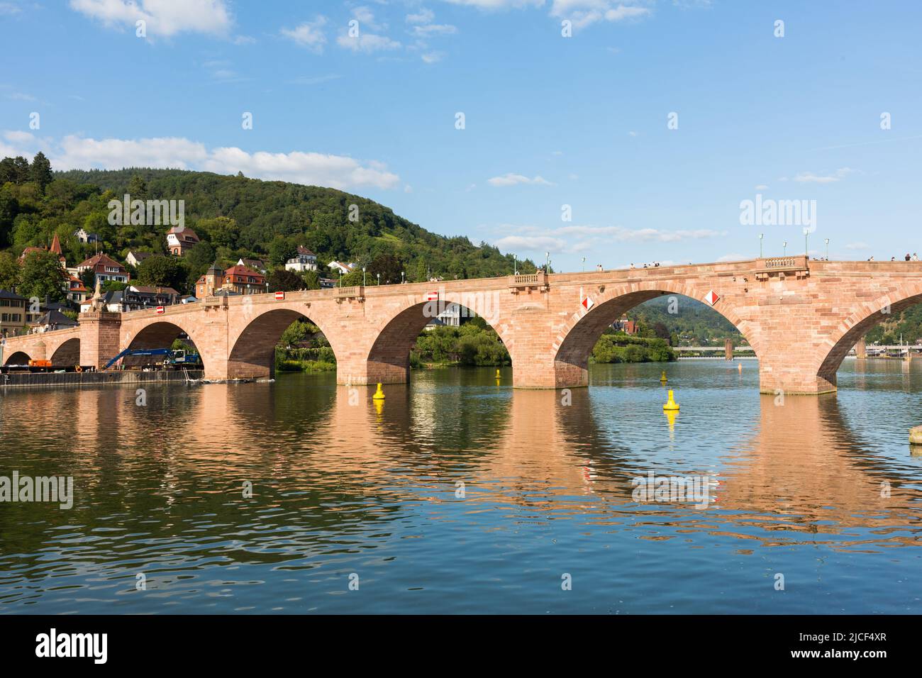 Heidelberg, Germany - Aug 25, 2021: Panorama of the 'Alte Brücke' (old bridge). Historical bridge and landmark of Heidelberg. Stock Photo