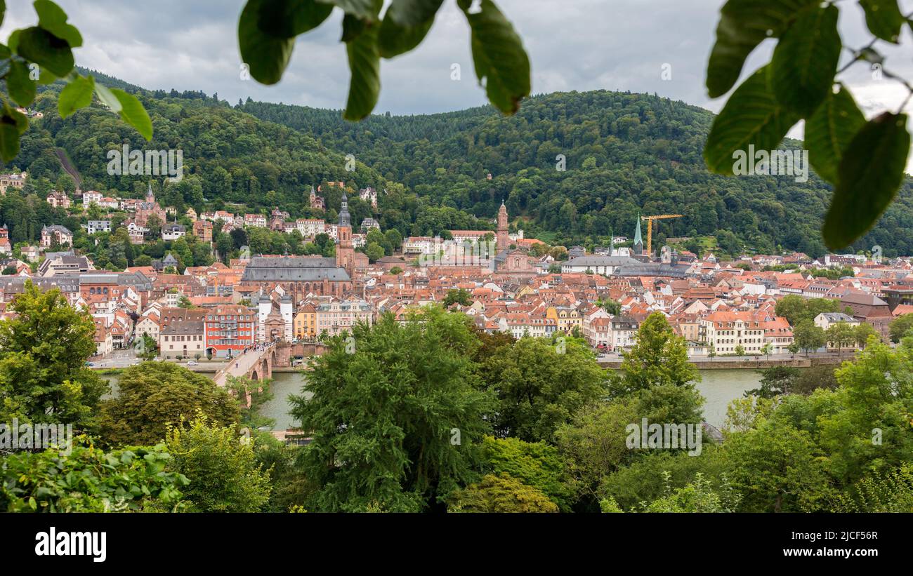 Heidelberg, Germany - Aug 26, 2021: High angle view on the city of Heidelberg. Panorama format. Stock Photo