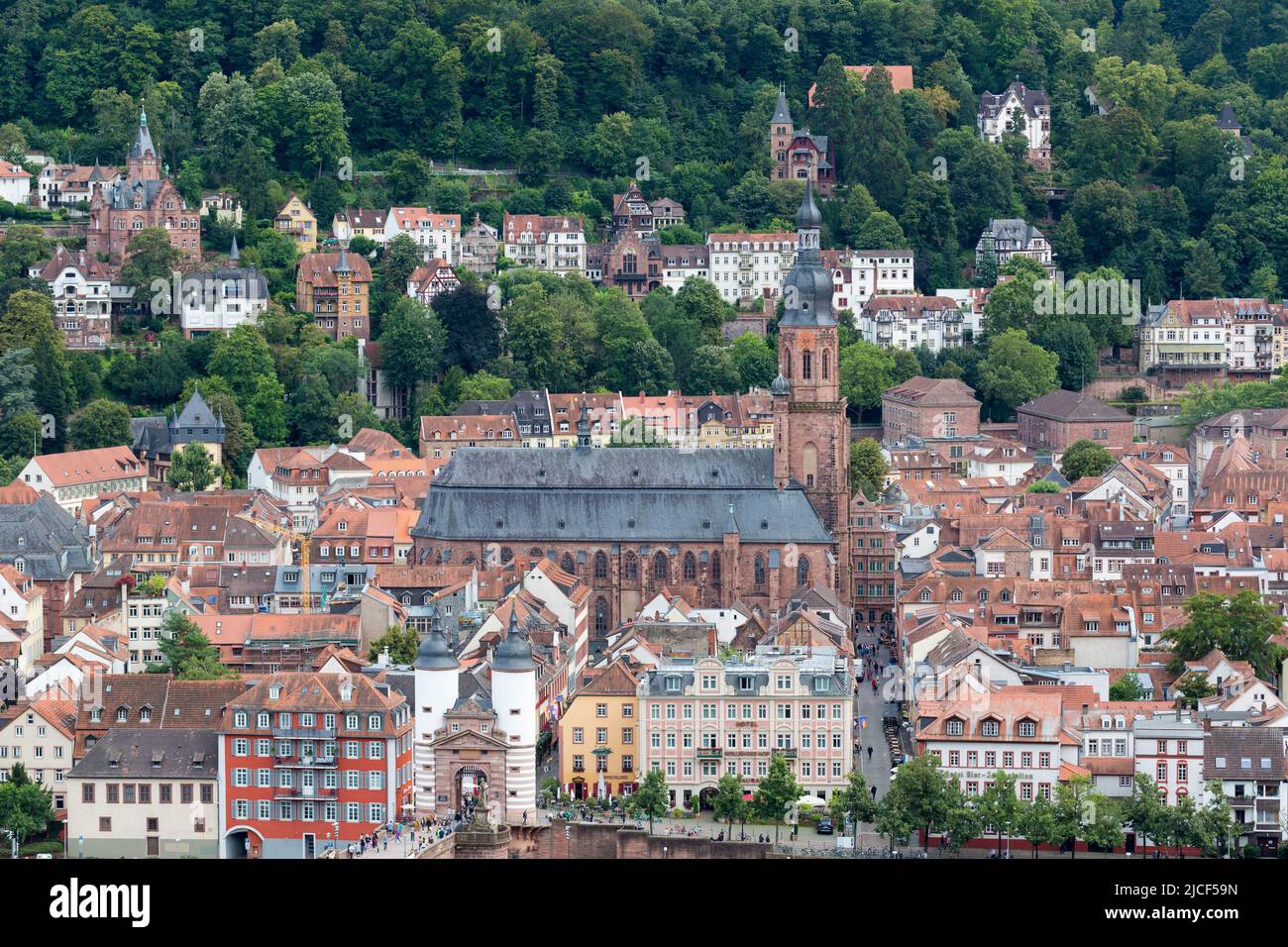 Heidelberg, Germany - Aug 26, 2021: High angle view on the Heiliggeistkirche (Church of the Holy Spirit). Stock Photo