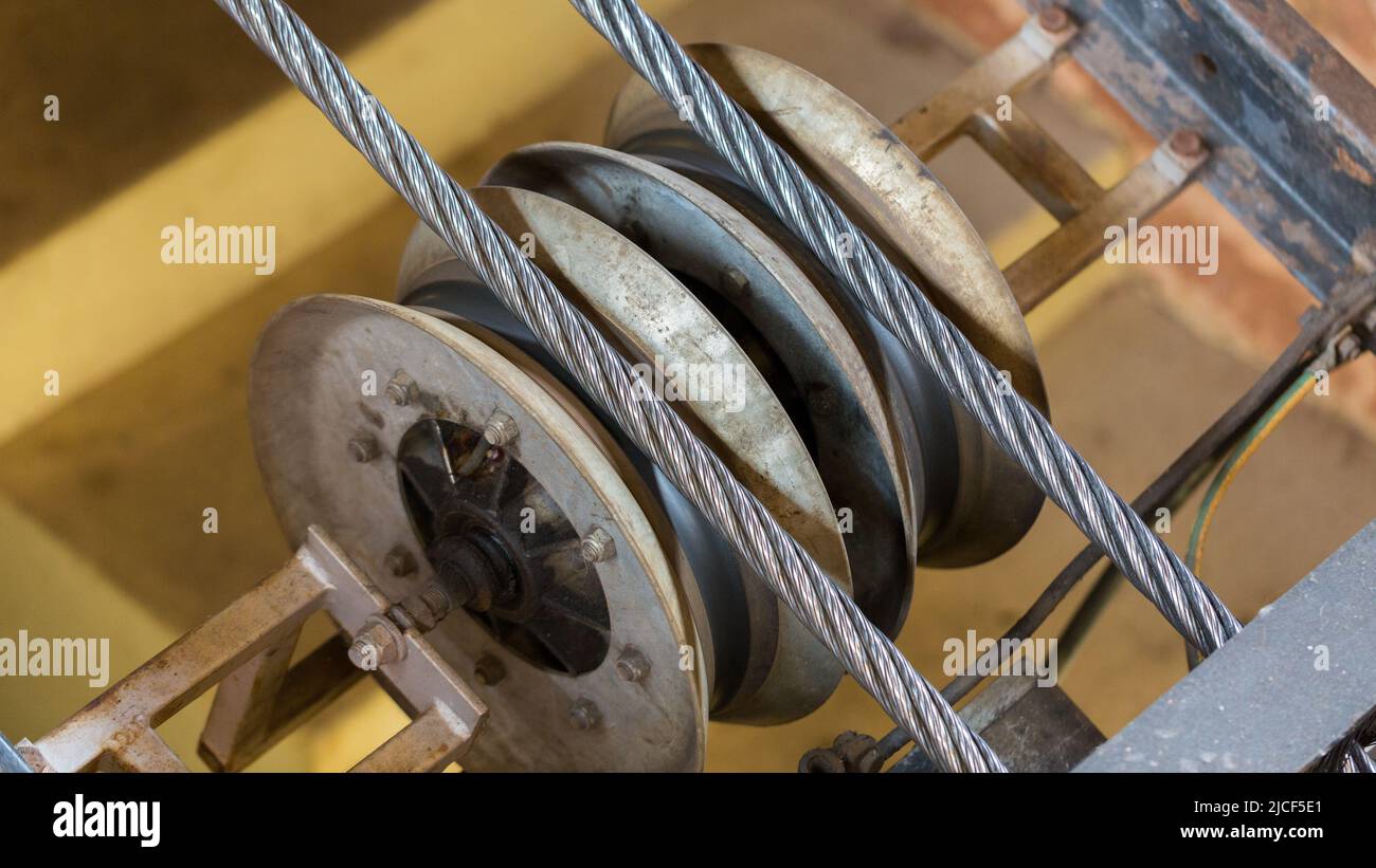 Close up of a winch of a cable car with two reels. Stock Photo