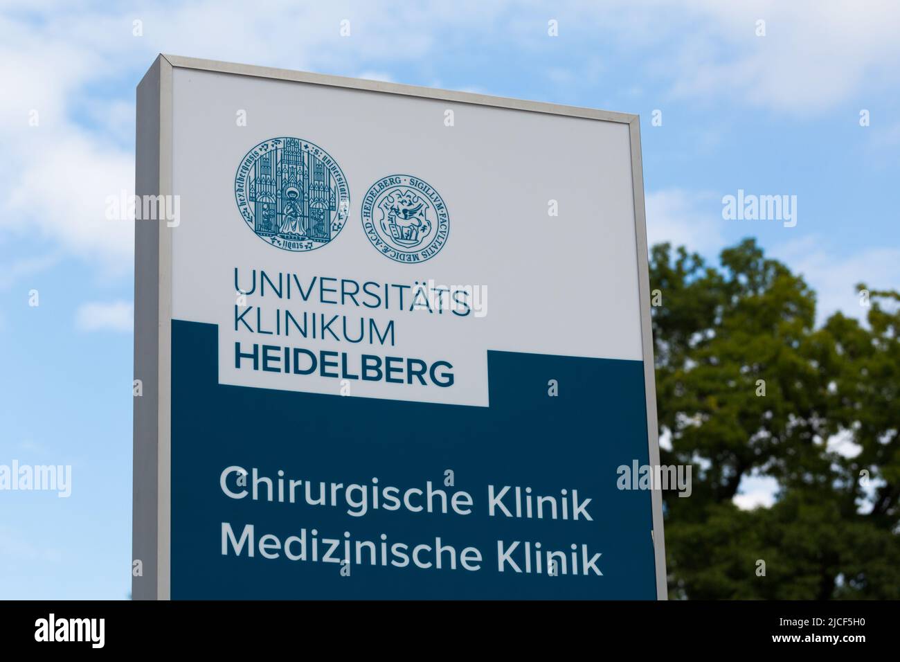 Heidelberg, Germany - Aug 27, 2021: Sign Universitätsklinikum Heidelberg (university hospital Heidelberg). Stock Photo