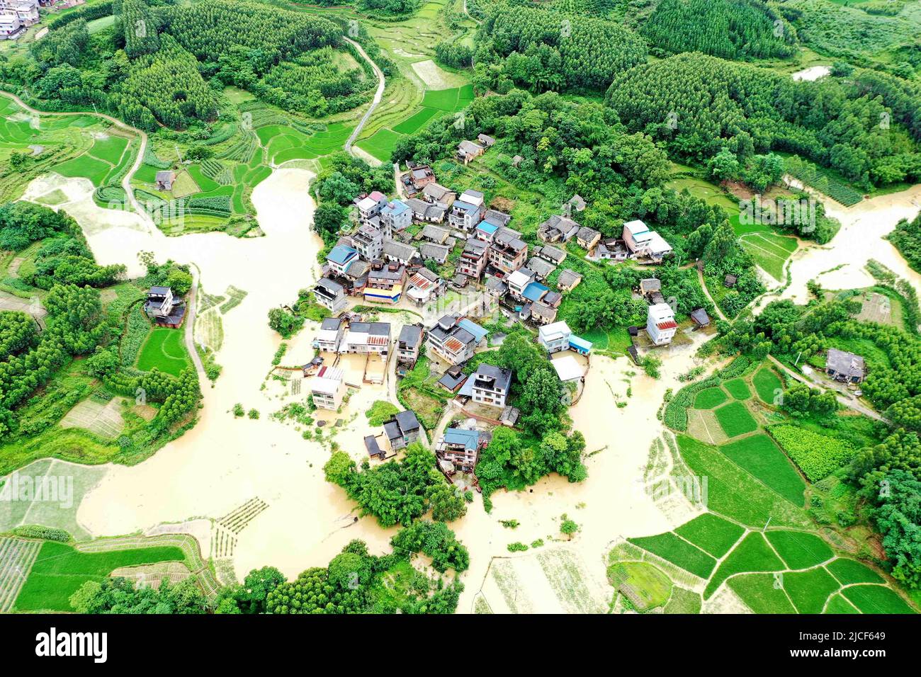LIUZHOU, CHINA - JUNE 13, 2022 - Some crops were flooded in Dongtan Tun, Dongxiang Village, Tantou Township, Rongan County, Liuzhou City, Guangxi Zhua Stock Photo