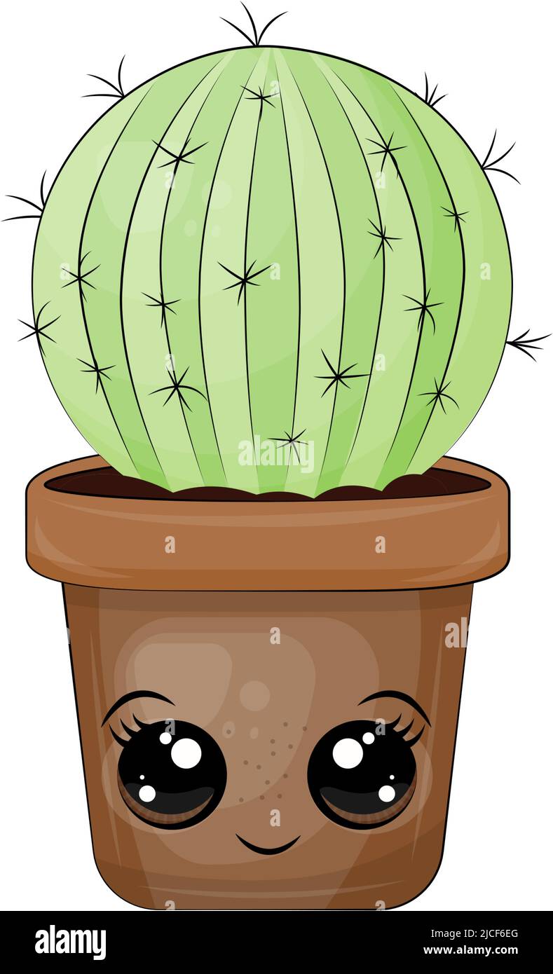 Cute kawaii cactus in pots. Cartoon style. Vector images on a