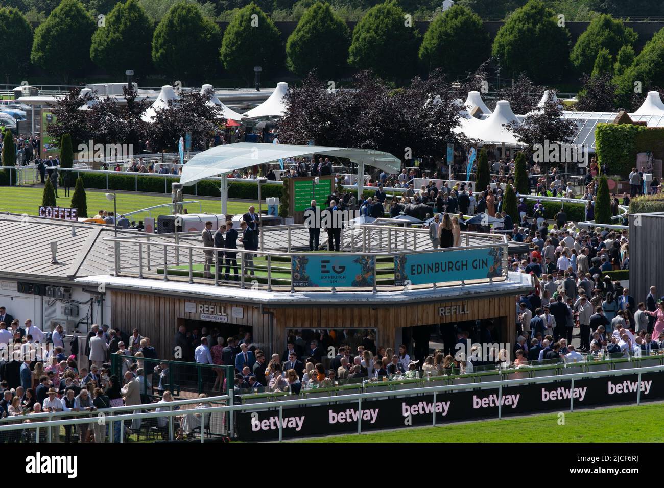 Chester racecourse. Race viewing stand at Edinburgh Gin Summer Saturday with Betway sign Stock Photo