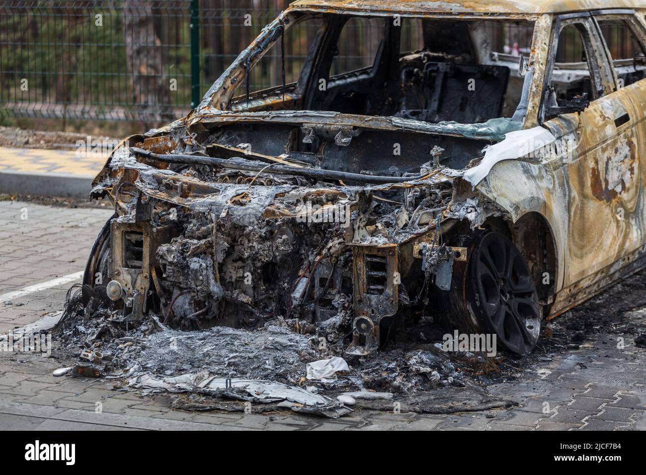 Shot cars. On the streets of Irpin. Cities of Ukraine after the Russian occupation. Irpin, Bucha, Hostomel. Stock Photo