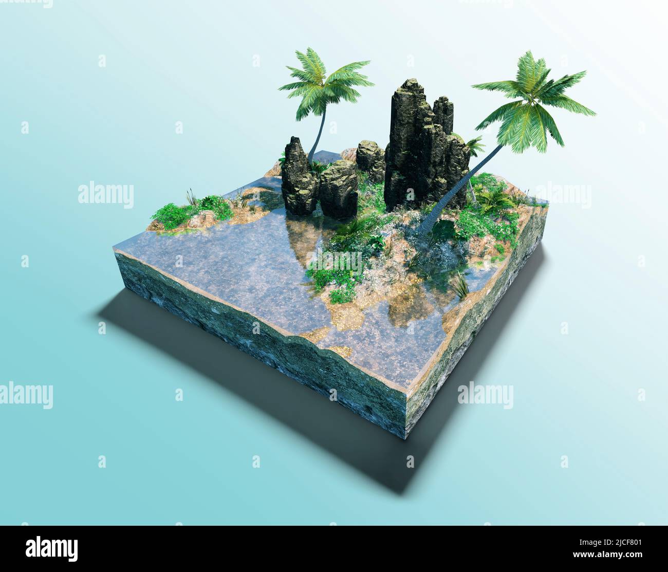 Piece of tropical island with water, greens and palm trees on a beach in cross section. Micro world. 3D Rendering. Stock Photo