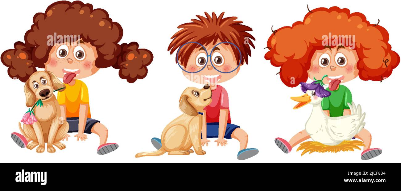 Children with their pet cartoon character illustration Stock Vector ...