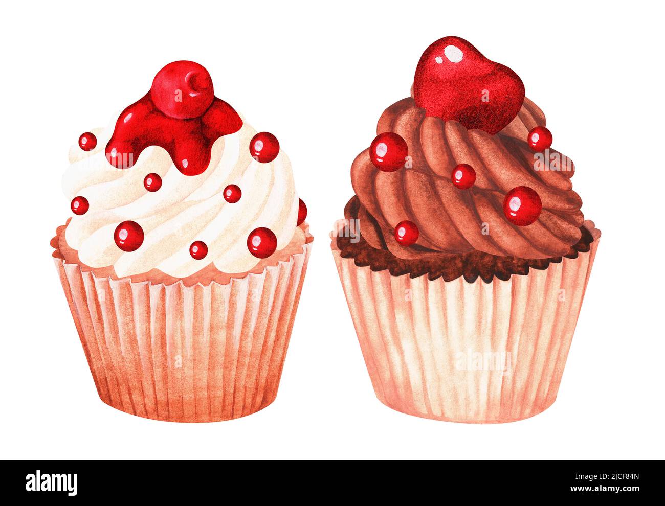 Cherry Cupcakes set. Watercolor illustration. Isolated on a white ...