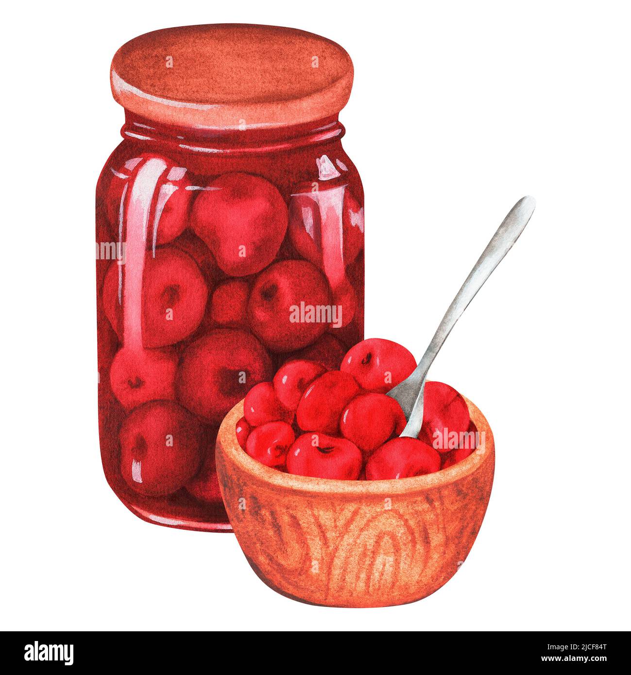 Cherry jam and a spoon. Watercolor illustration. Isolated on a white background. For your design. Suitable for cookbooks, recipes, aprons Stock Photo