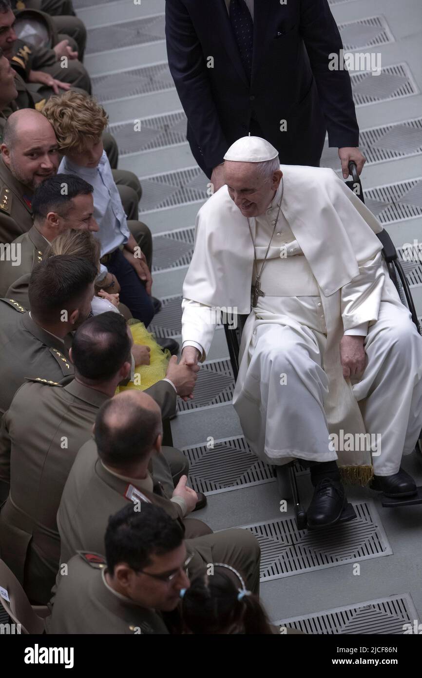 Vatican City, Vatican. 11 June 2022. Pope Francis during an audience with Italian Soldiers of the Sardinia Grenadiers Brigade, engaged in 'Safe Streets' Operation (Operazione Strade Sicure), and their families. Credit: Maria Grazia Picciarella/Alamy Live News Stock Photo