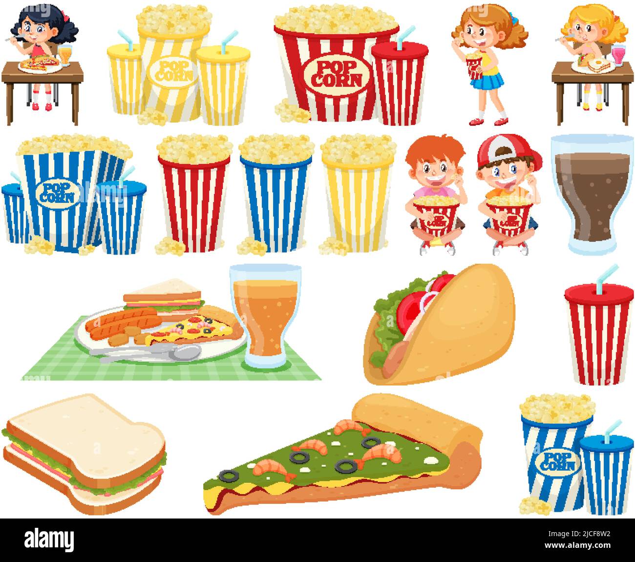 Set of different junk foods and kids illustration Stock Vector Image
