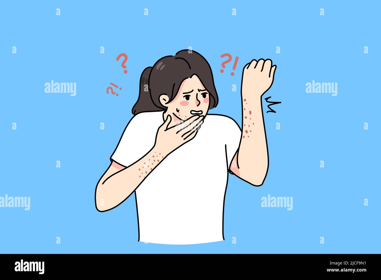 Confused young woman frustrated with red spots or marks on body. Shocked girl having rash or dermatitis on hands and face. Healthcare and allergy problem concept. Vector illustration.  Stock Vector