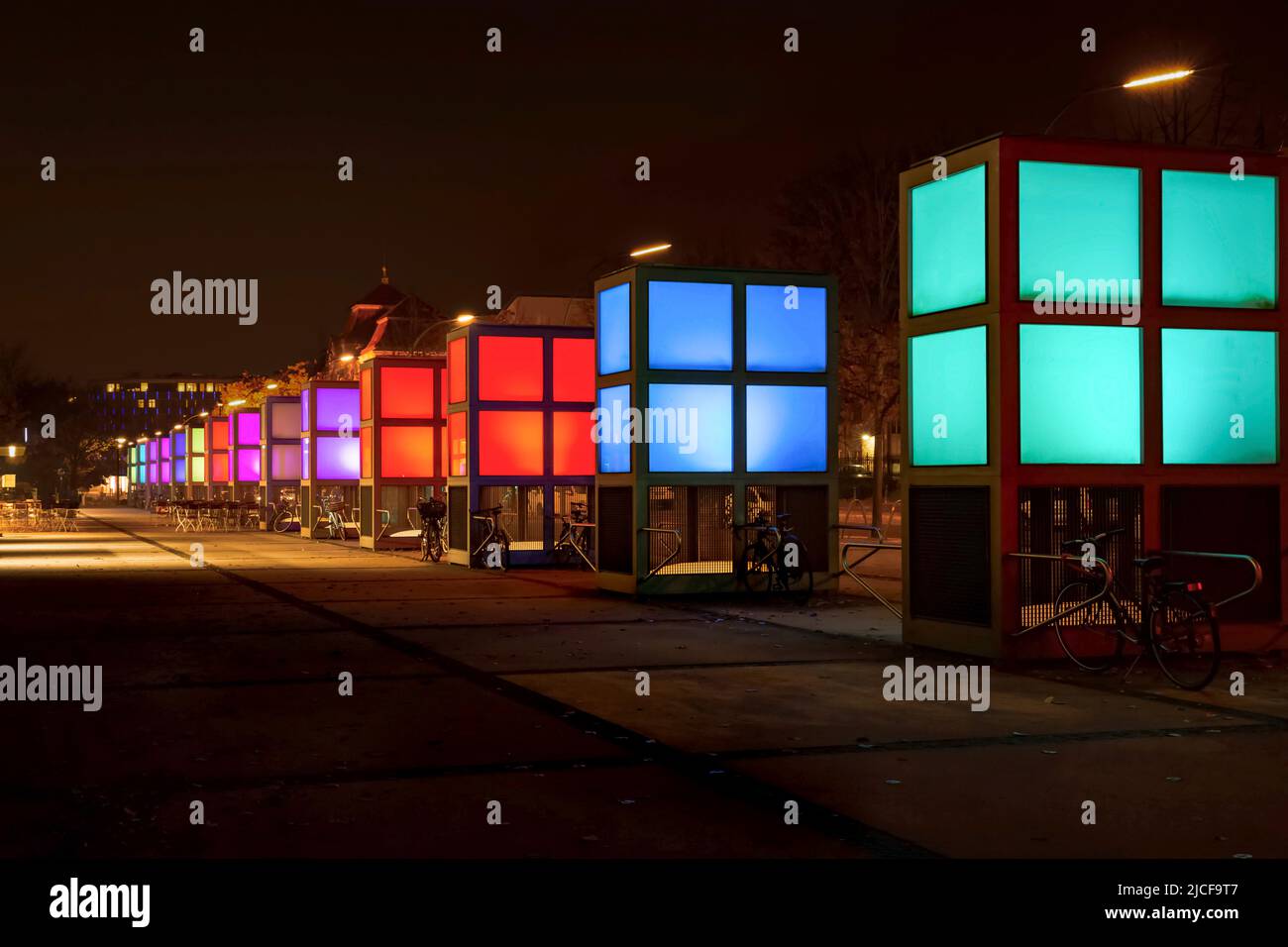 Bicycle station with colorful light cubes Stock Photo