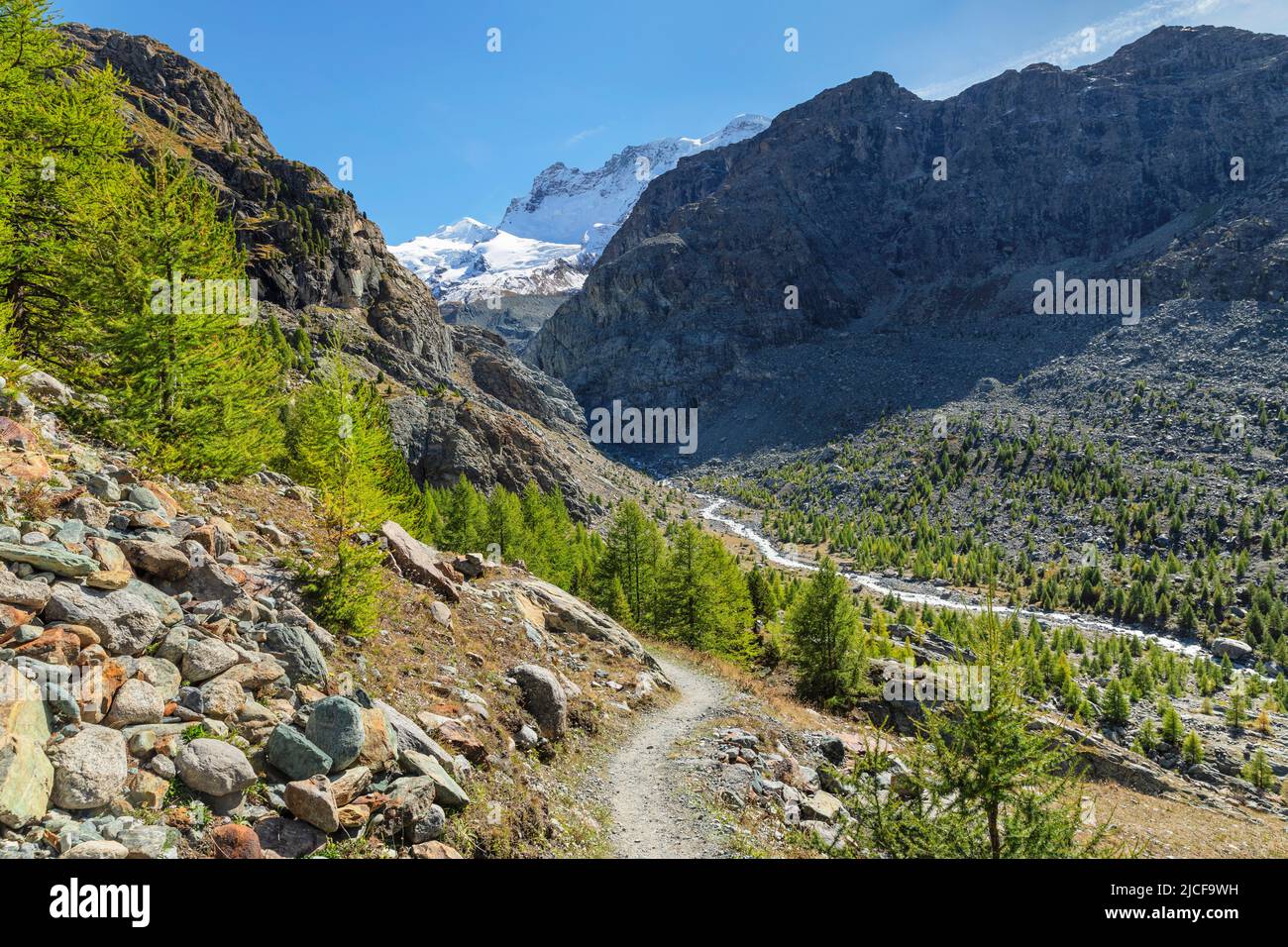 View from Stafelalp to Zmutt glacier and Zmuttbach valley, Swiss Alps, Valais, Switzerland Stock Photo