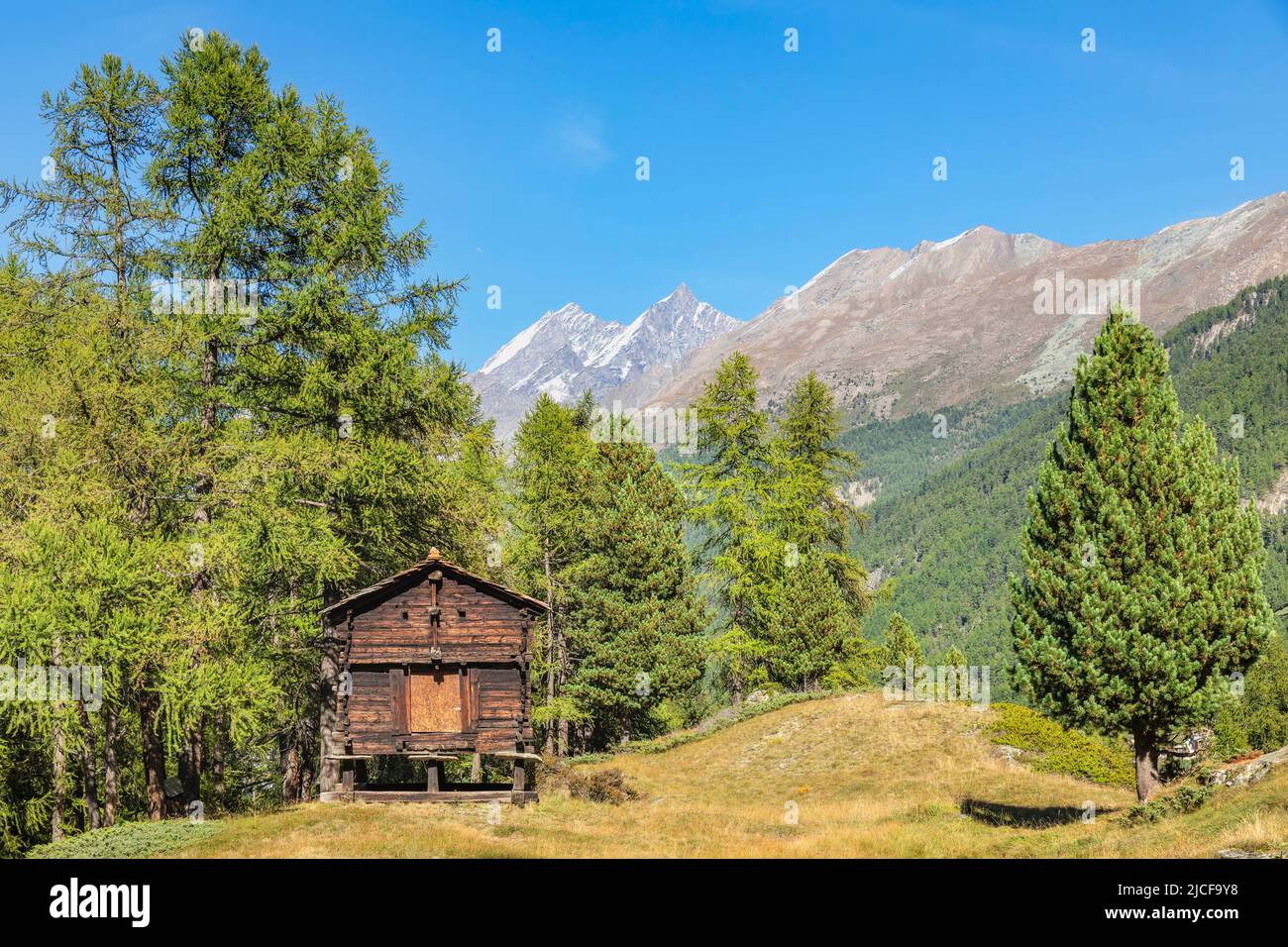 Traditional haystacks in Furi, Zermatt, Swiss Alps, Valais, Switzerland Stock Photo