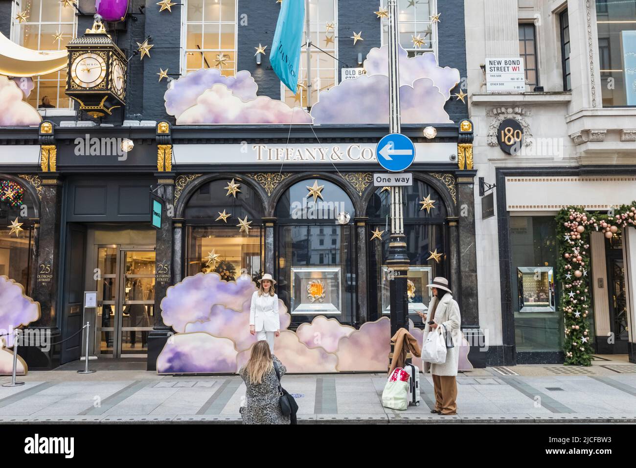 England, London, New Bond Street, Tourists Posing in Front of Tiffany&Co Store Stock Photo