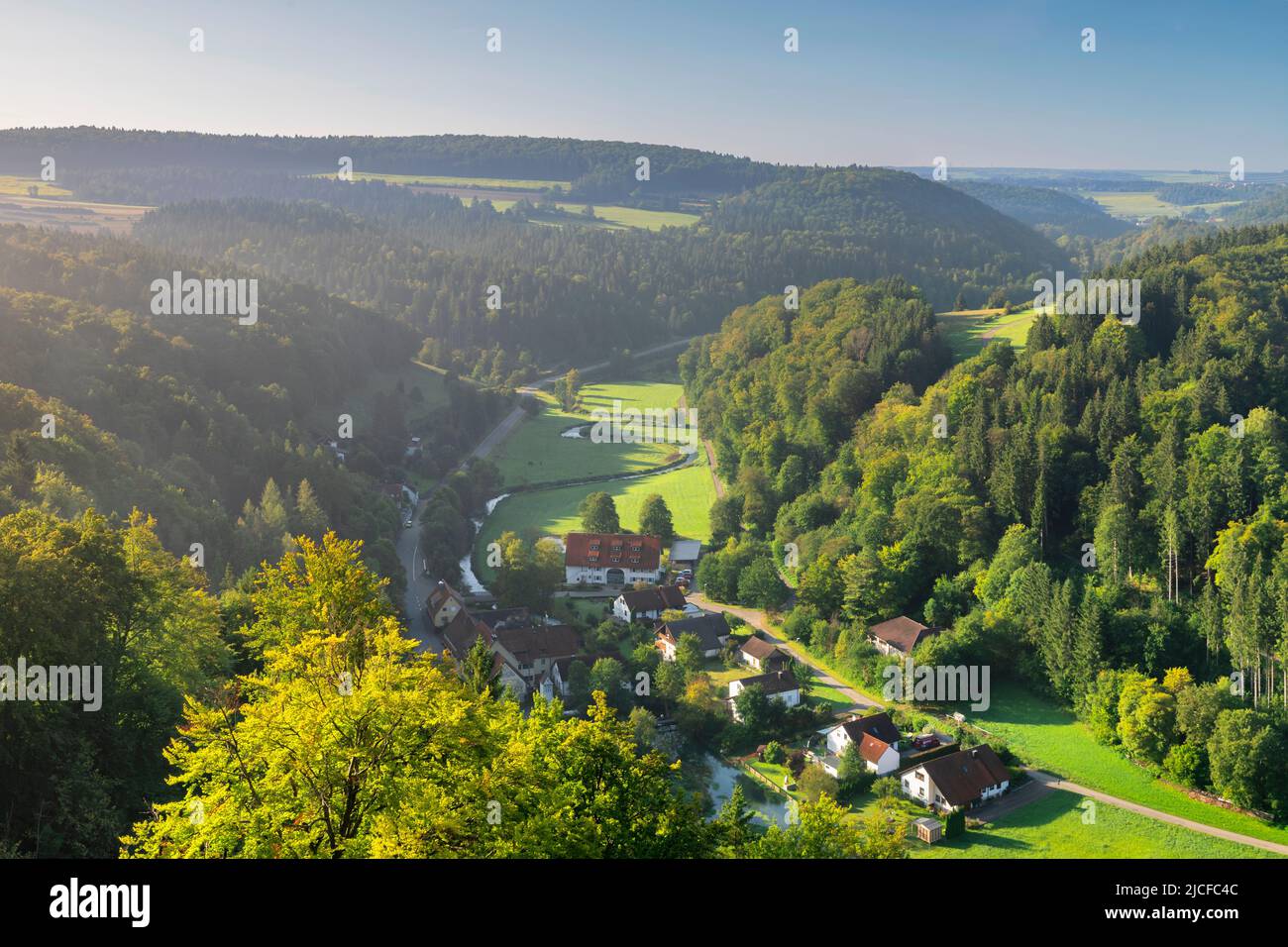 View into Lautertal Valley, Gundelfingen, Swabian Jura, Baden-Wurttemberg, Germany Stock Photo