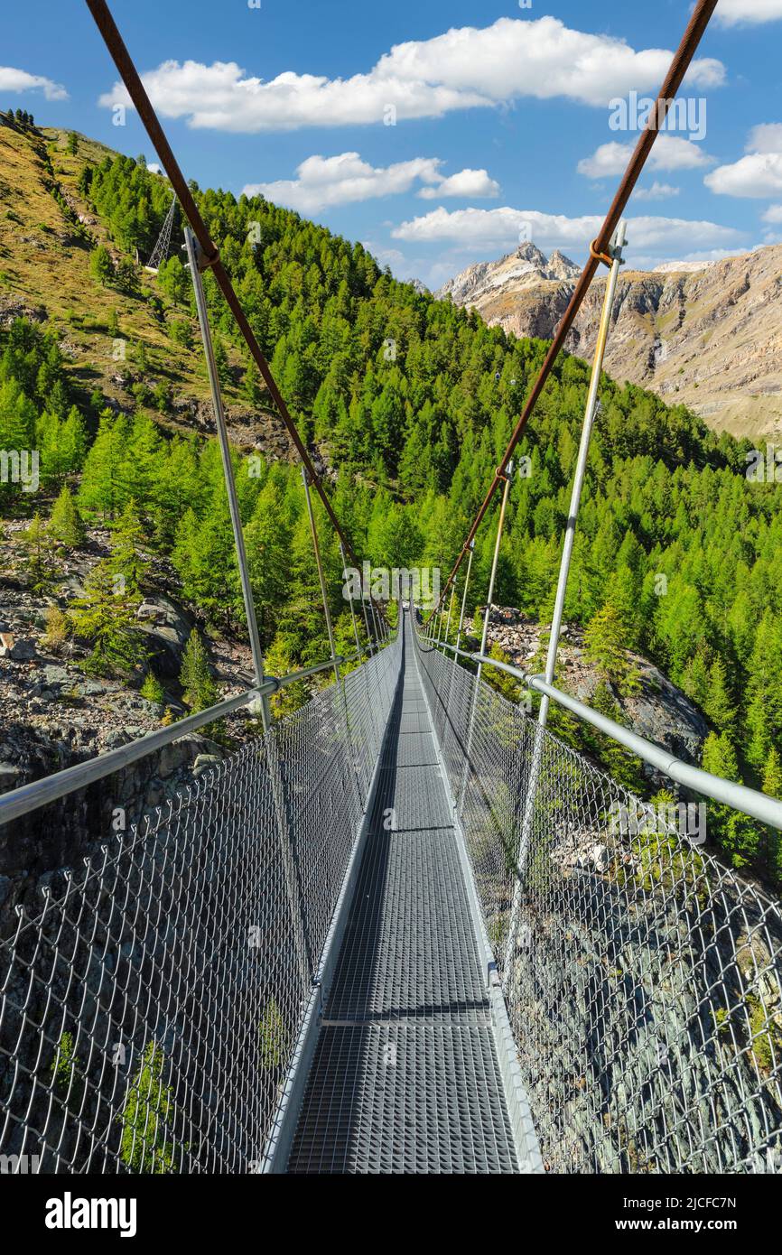 Suspension bridge over the Zmuttbach, Zermatt, Swiss Alps, Valais
