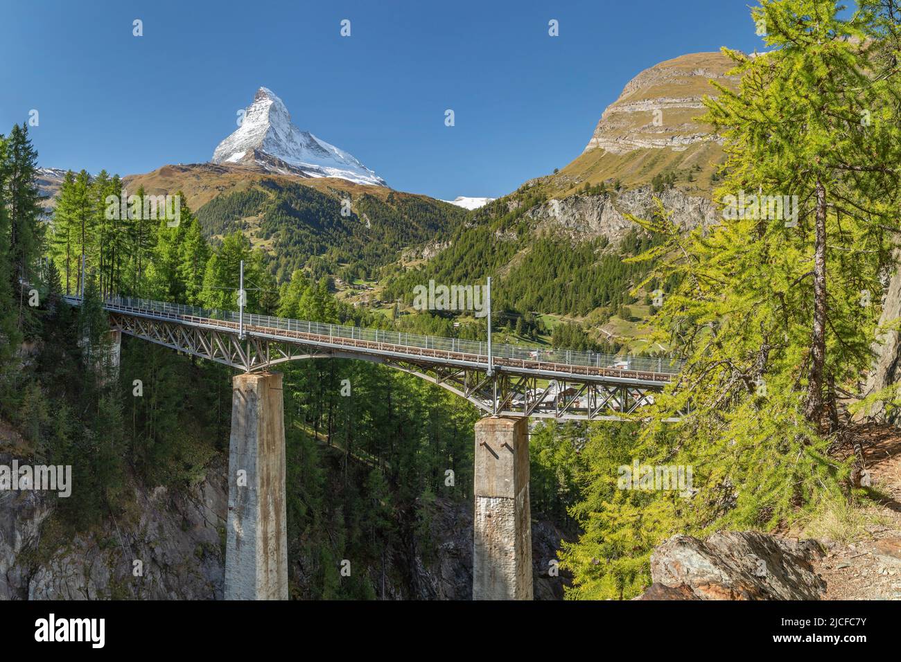 Findelbach bridge with view to Matterhorn, Swiss Alps, Zermatt, Valais, Switzerland Stock Photo