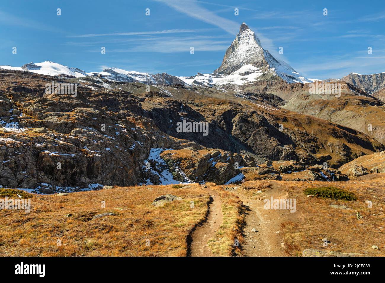 Hiking trail on Gornergrat on Matterhorn (4478m), Swiss Alps, Valais, Switzerland Stock Photo