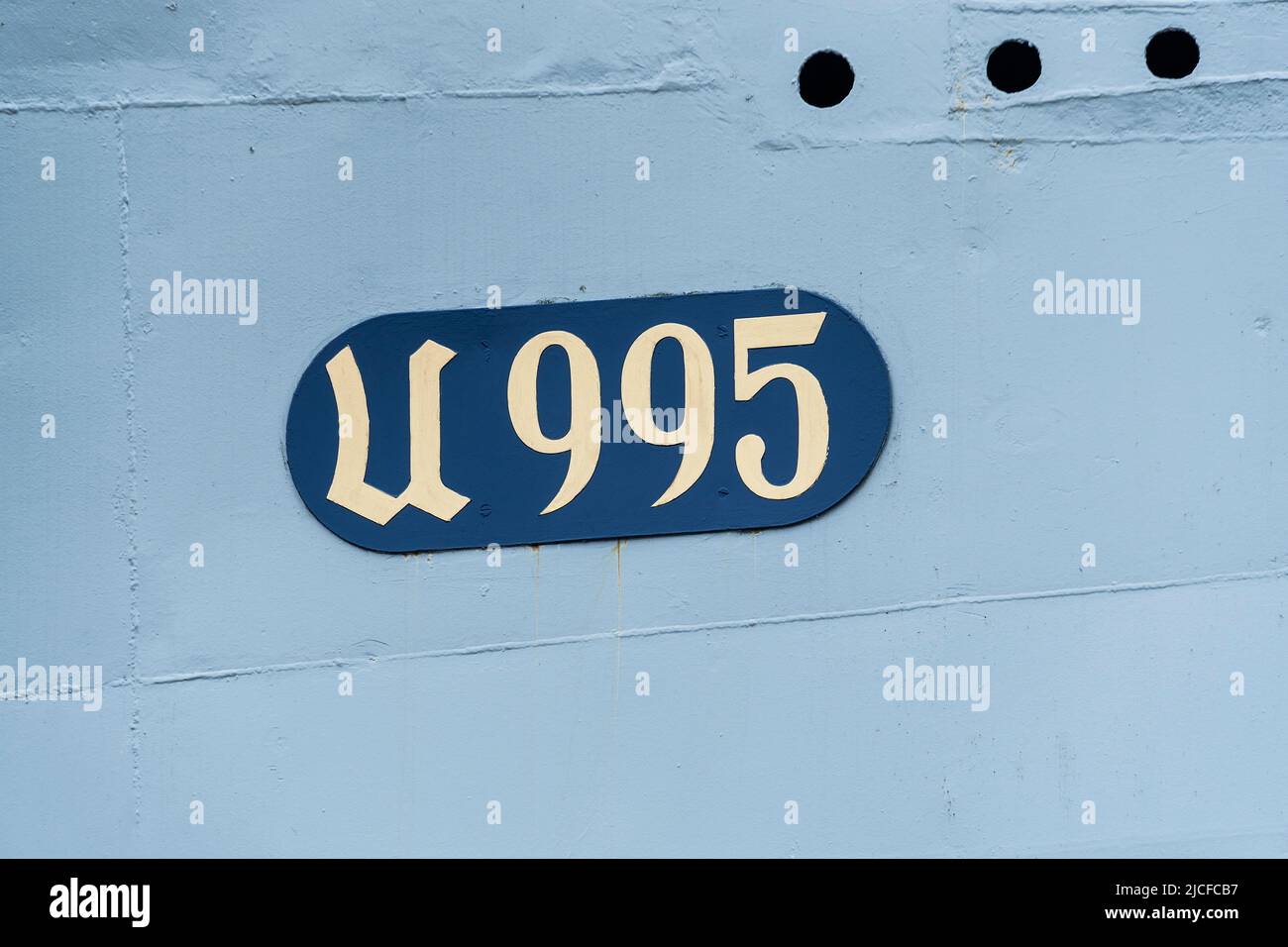 Schleswig-Holstein, Kiel Fjord, Laboe, Naval Museum, historical submarine U 995, lettering 'U995 Stock Photo