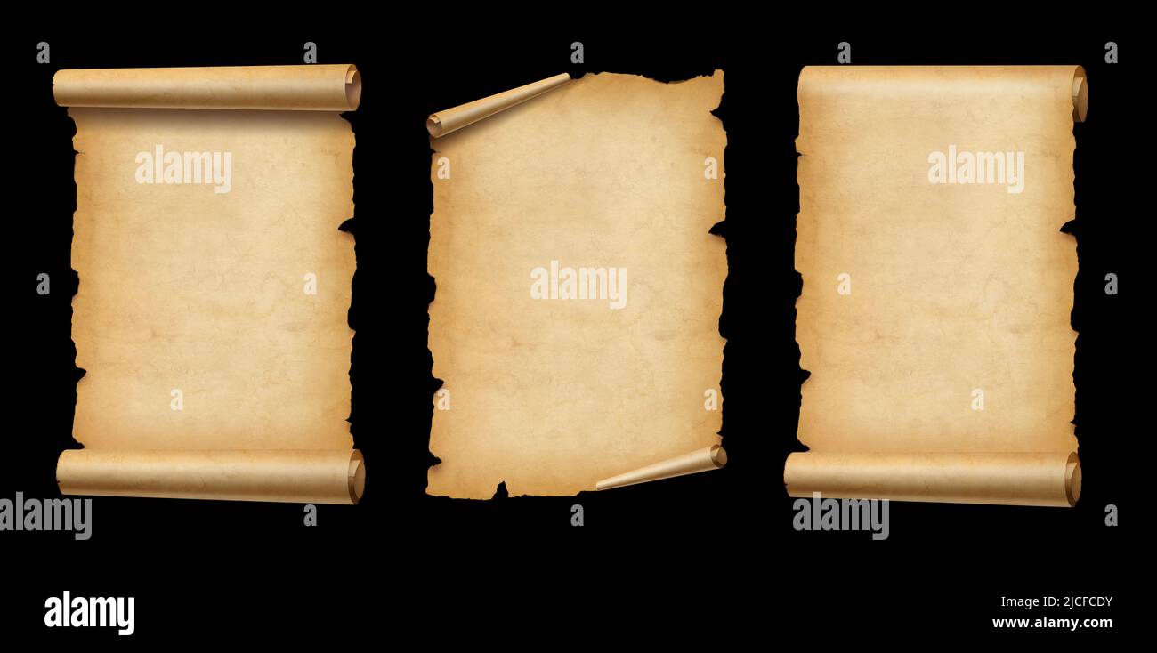 Old Parchment paper scroll isolated on black. Vertical banners set Stock Photo