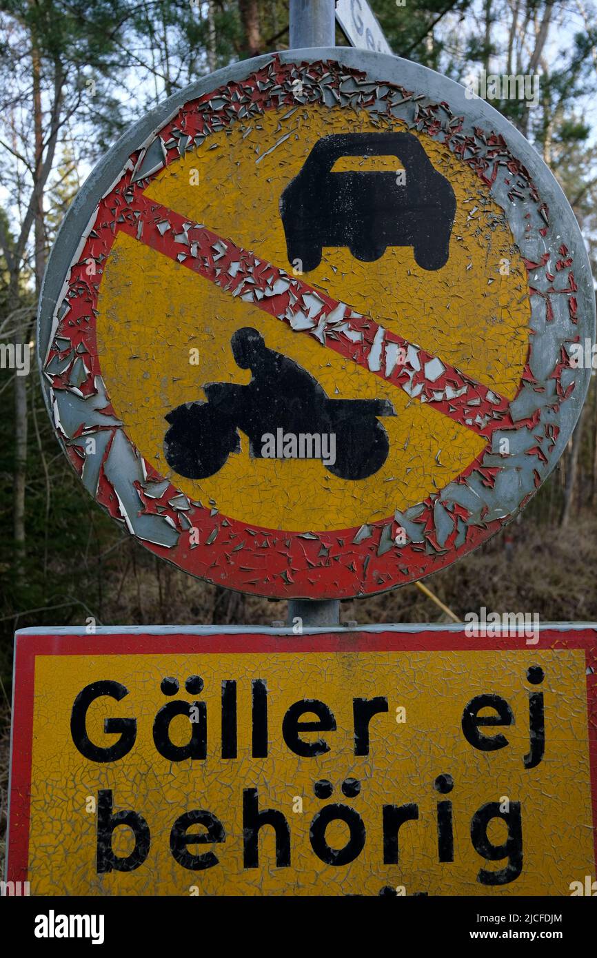 Sweden, old sign, no traffic, nature, wood, forest Stock Photo