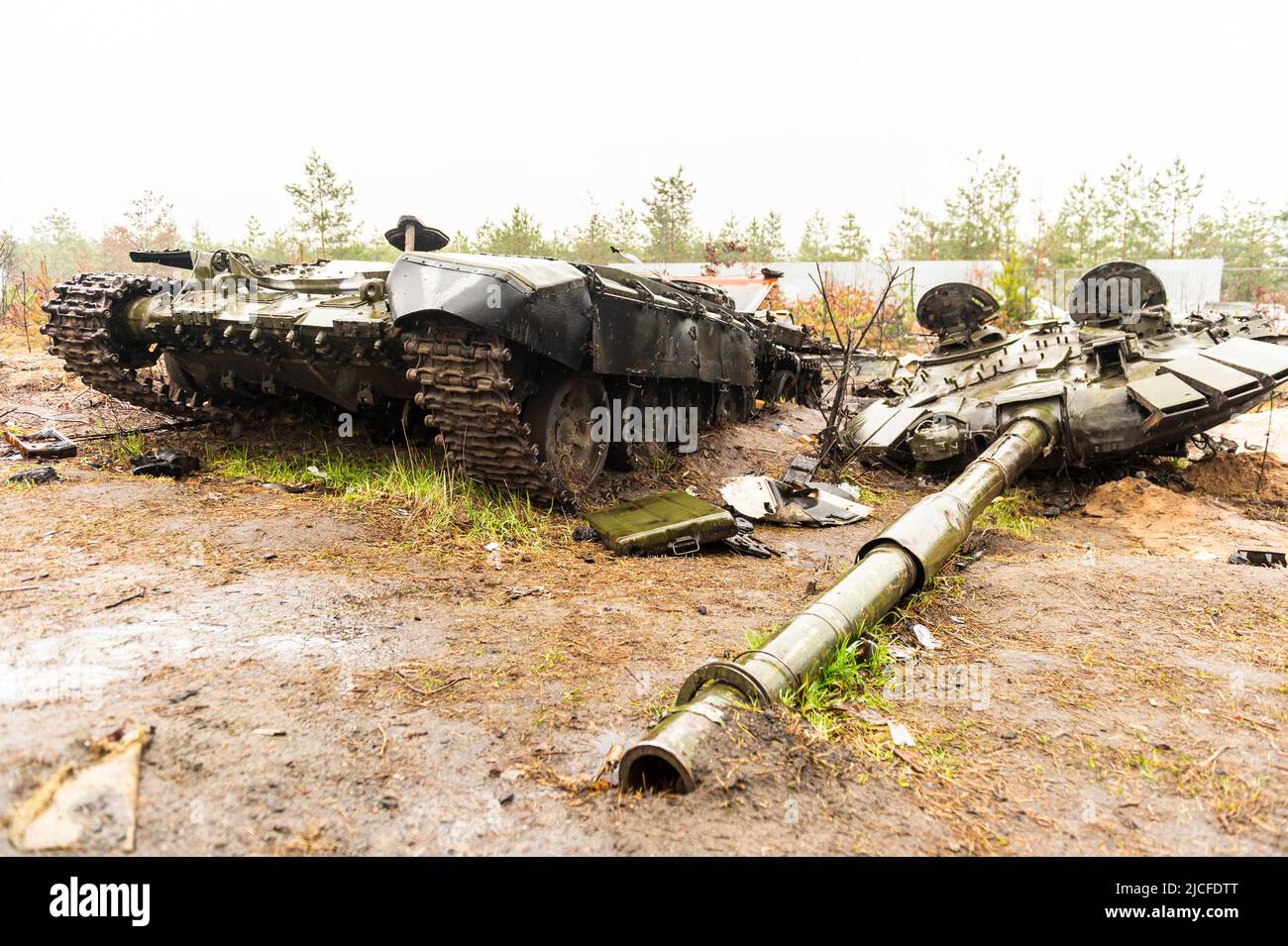 Tanks on the road just before Borodianka Stock Photo