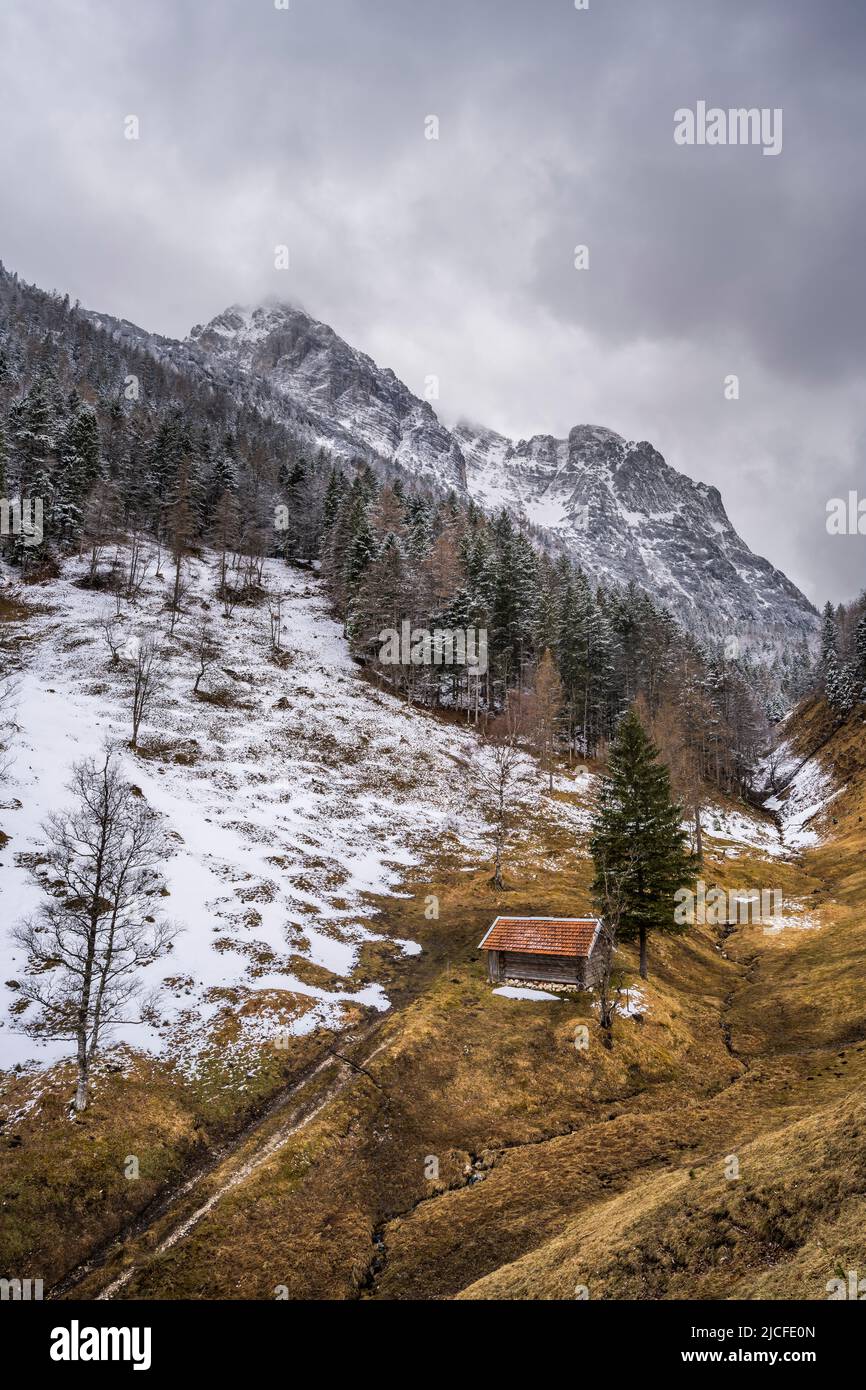 A single haystack with red roof above the Ferchensee near Mittenwald in the Bavarian Alps in spring. A still partly snow-covered mountain meadow, with forest and snow, in the background the massive Wetterstein mountains with the Wetterstein in clouds and overcast sky. Stock Photo