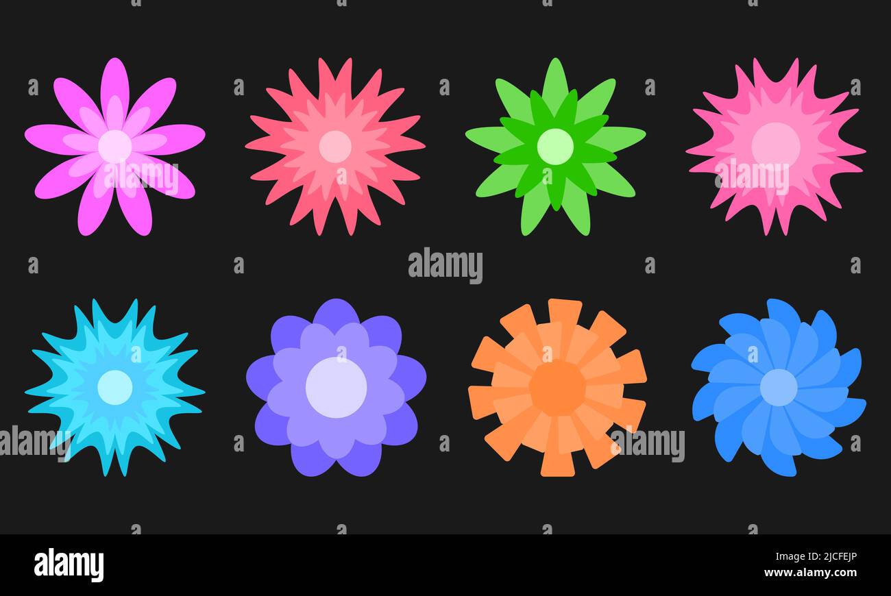 Flowers isolated on black background. Set of colorful floral icons ...