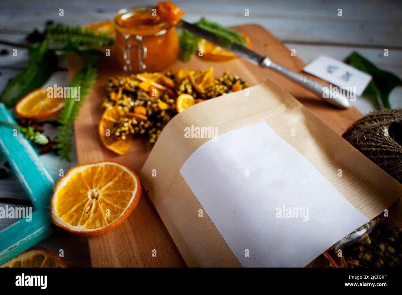 A layout for your product in an ecological doy pack made of craft paper with dry citrus fruits. High quality horizontal photo .Copy space .  Stock Photo