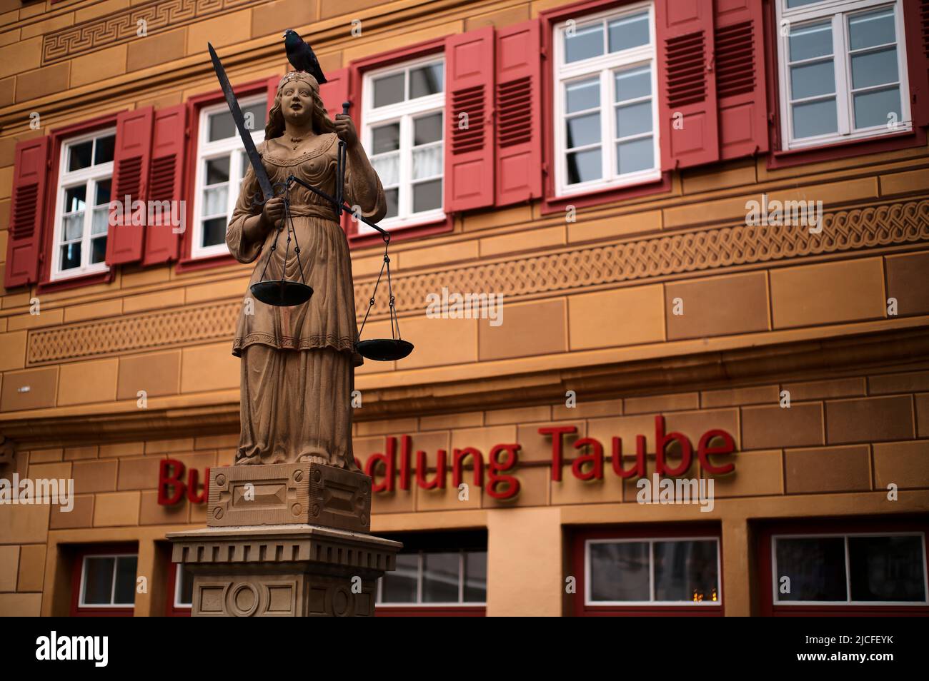Dove sitting on Justitia, Justitia fountain, behind it bookstore Taube, Waiblingen, Baden-Württemberg, Germany Stock Photo