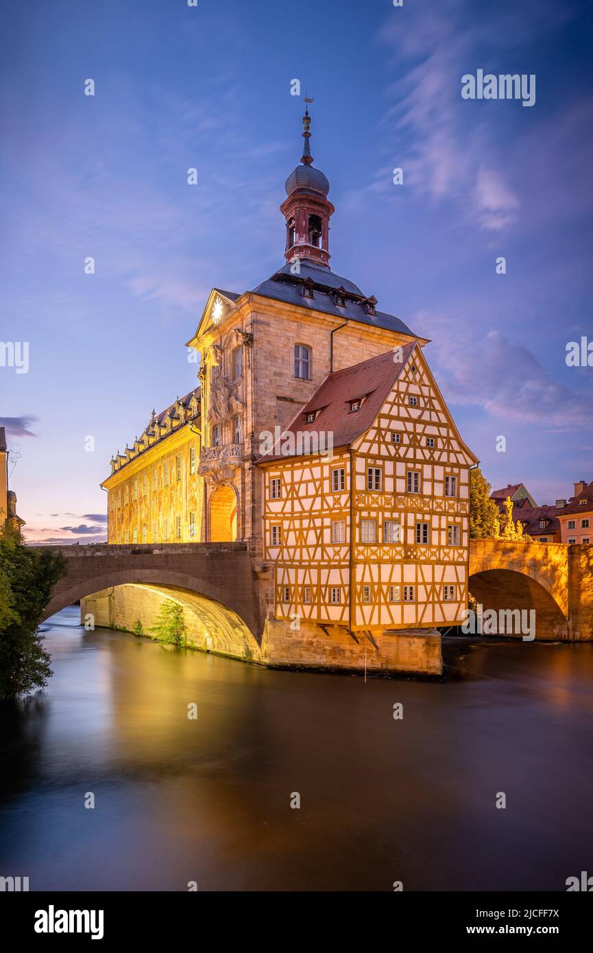 View of the Bamber Town Hall at Dusk, Germany Stock Photo