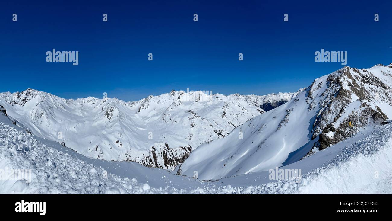 Ski resort Kappl, Paznauntal, spring, winter, mountains, nature, blue sky, mountain panorama, Diasbahn, Galtür, Ischgl, Kappl, Tyrol, Austria Stock Photo