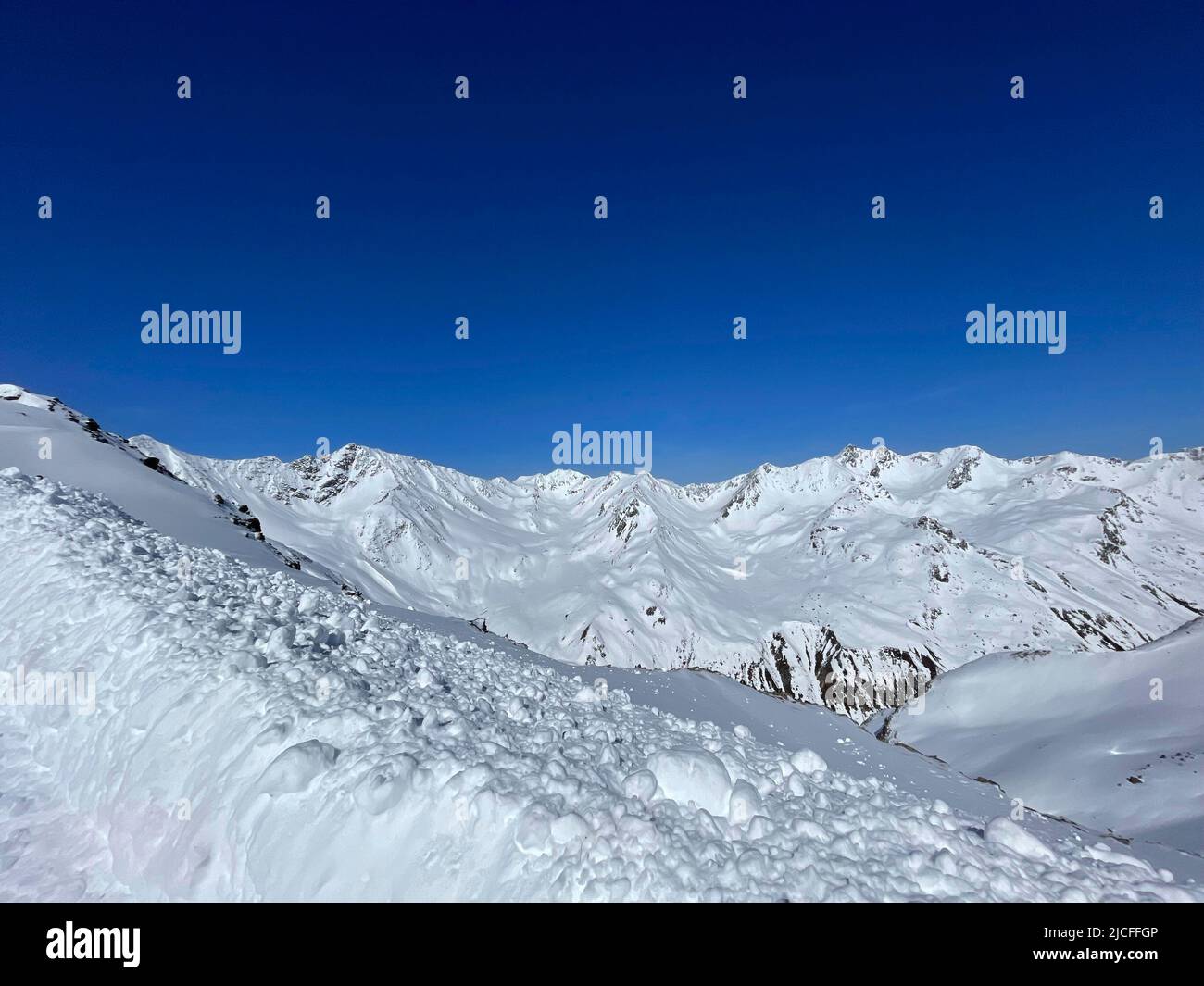 Ski resort Kappl, Paznauntal, spring, winter, mountains, nature, blue sky, mountain panorama, Diasbahn, Galtür, Ischgl, Kappl, Tyrol, Austria Stock Photo