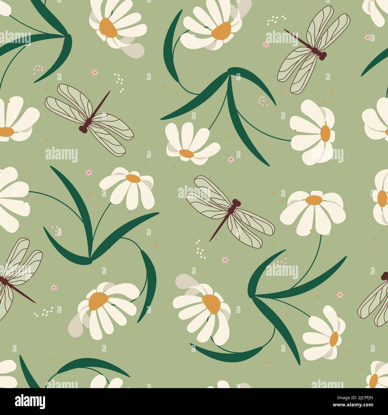 Bright colored seamless pattern with cute daisies flowers and dragonfly ...