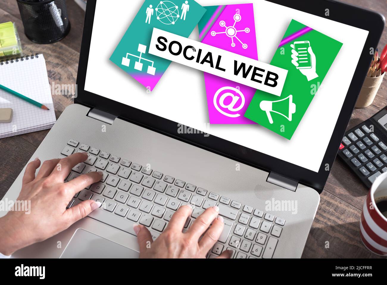 Social web concept shown on a laptop screen Stock Photo