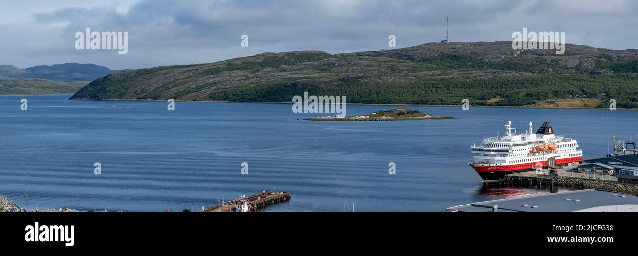 Norway, Troms og Finnmark, Kirkenes, The Hurtigruten ship 'Nordlys' in the harbor. Stock Photo