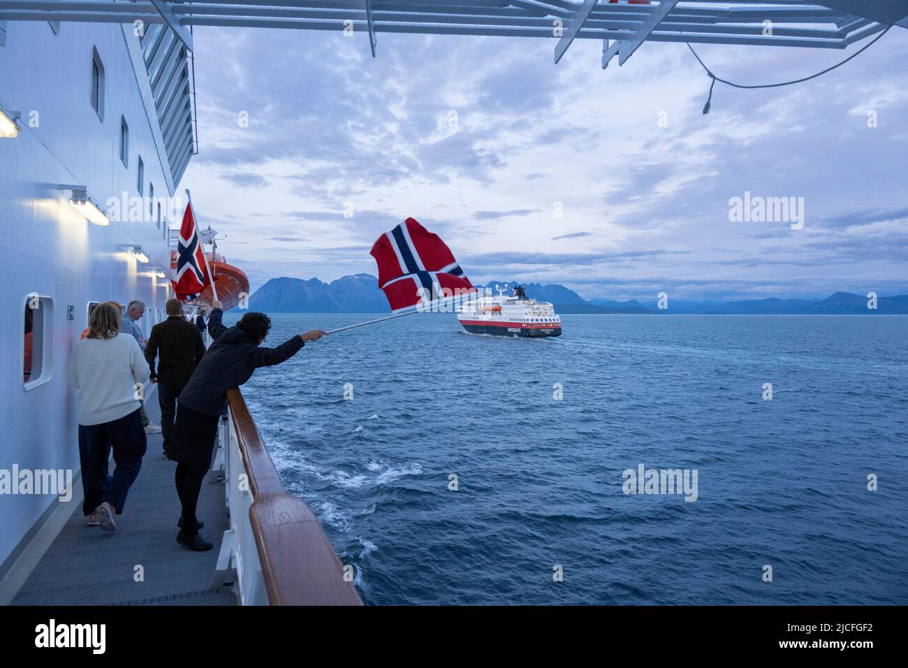 Norway, Hurtigruten mail ship, meeting with the 'Polarlys'. Stock Photo