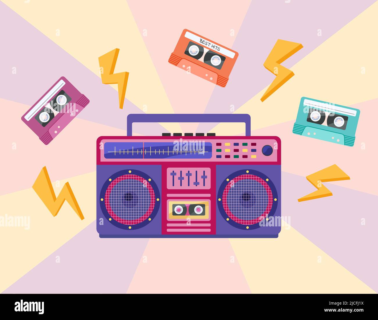 1990s music. Vibrant boombox and tapes isolated. Audio recorder retro device from 80s 90s. Flat vector illustration of colorful boombox and cassettes. Stock Vector