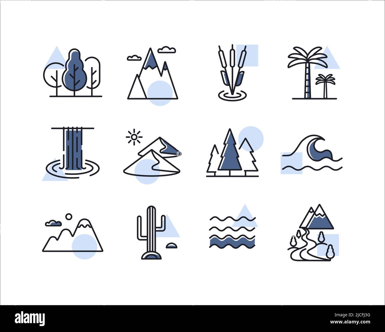 Vector nature isolated icons set. desert, mountains, forest, river, sea, lake. Graph symbol for travel and tourism web site and apps design, logo, app Stock Vector