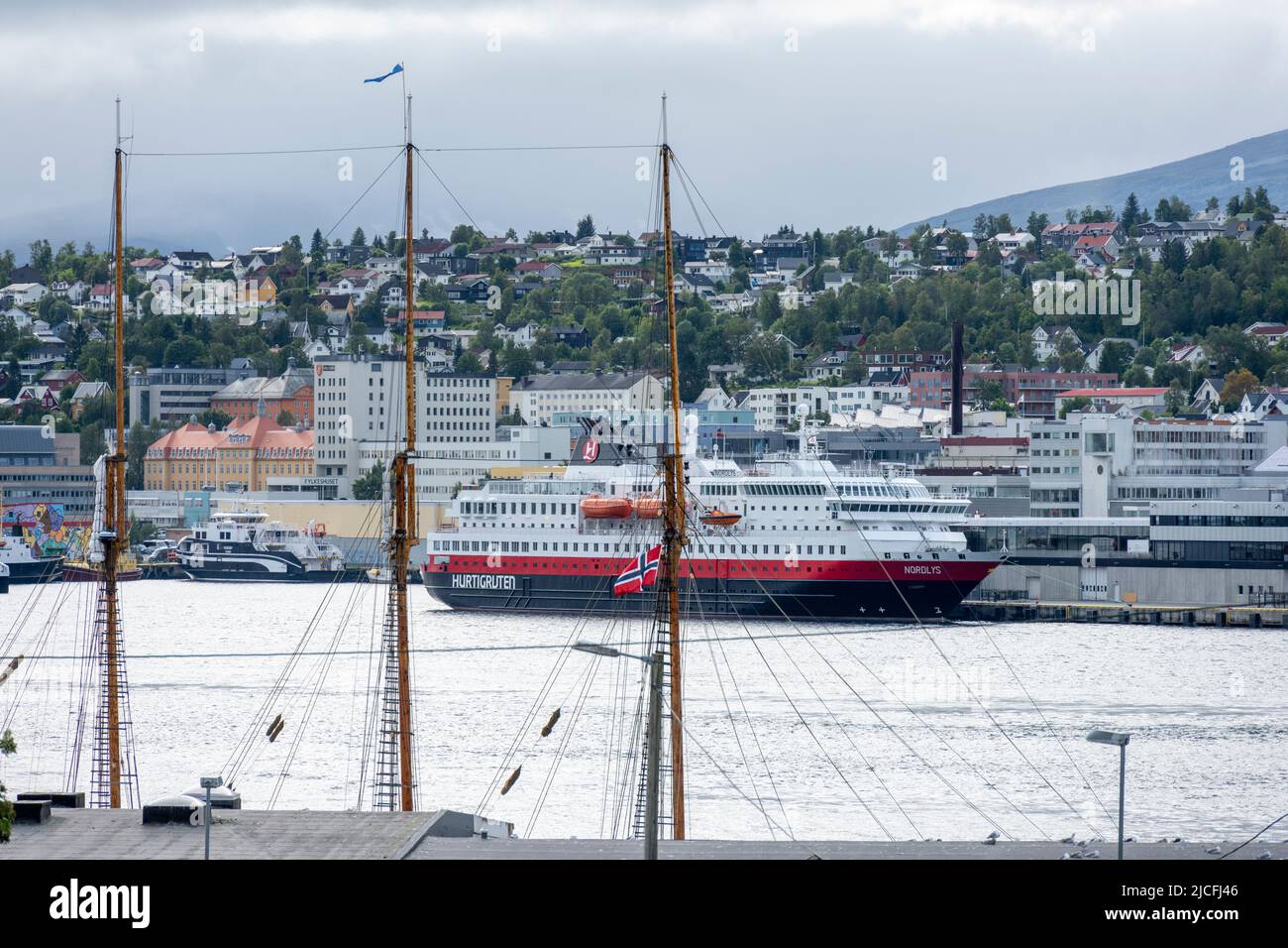 Norway, Troms og Finnmark, Tromsø, Hurtigruten mailboat 'Nordlys' in port. Stock Photo