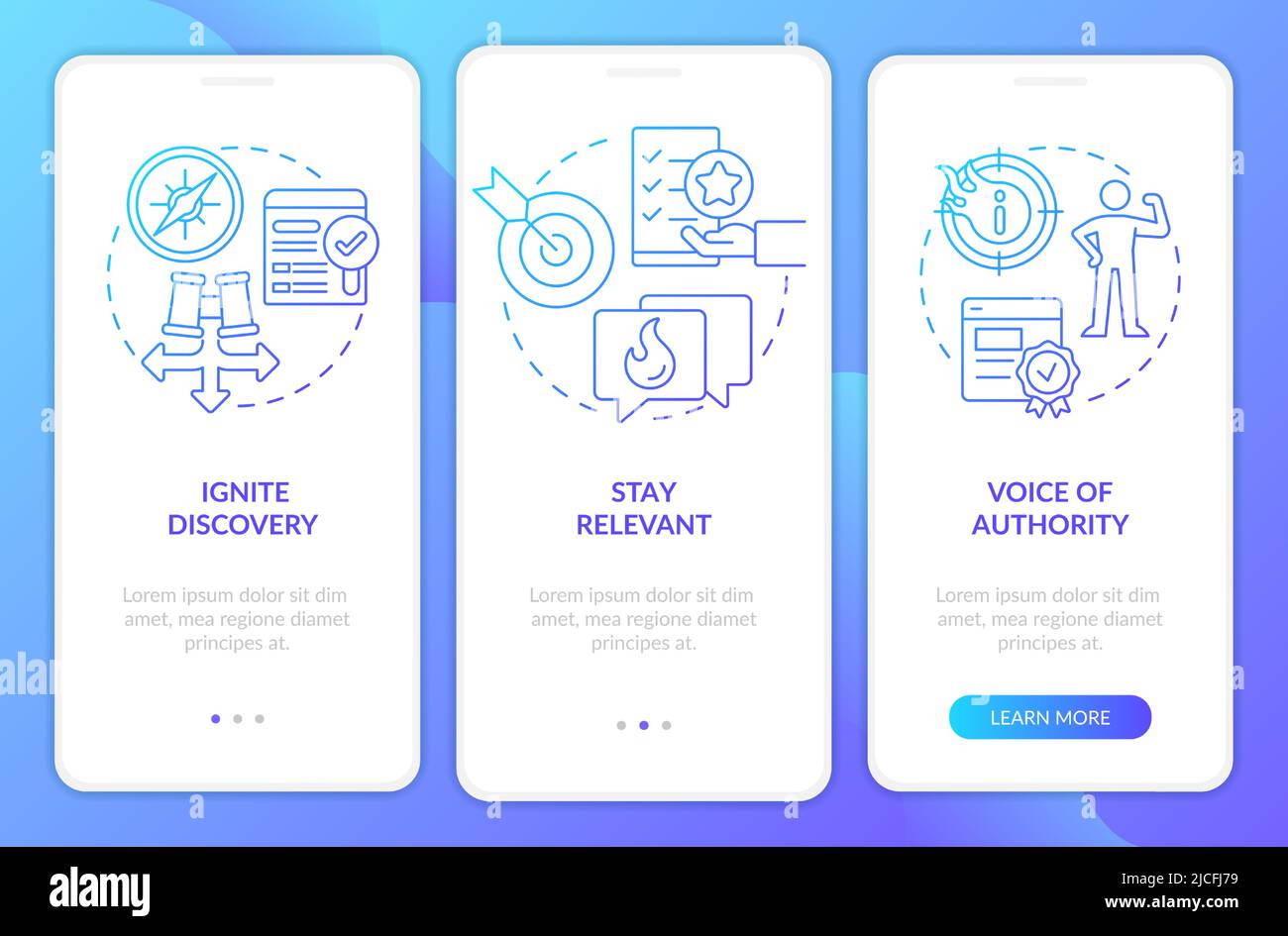 Search engine optimization pillars blue gradient onboarding mobile app screen Stock Vector