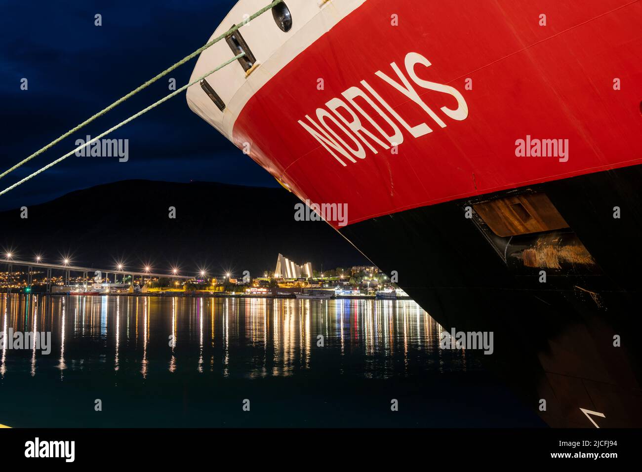 Norway, Troms og Finnmark, bow of the Hurtigruten ship 'Nordlys' with view to the Ice Sea Cathedral. Stock Photo