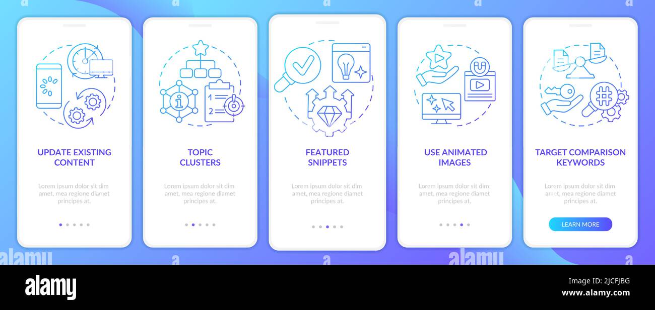 Advanced SEO techniques blue gradient onboarding mobile app screen Stock Vector