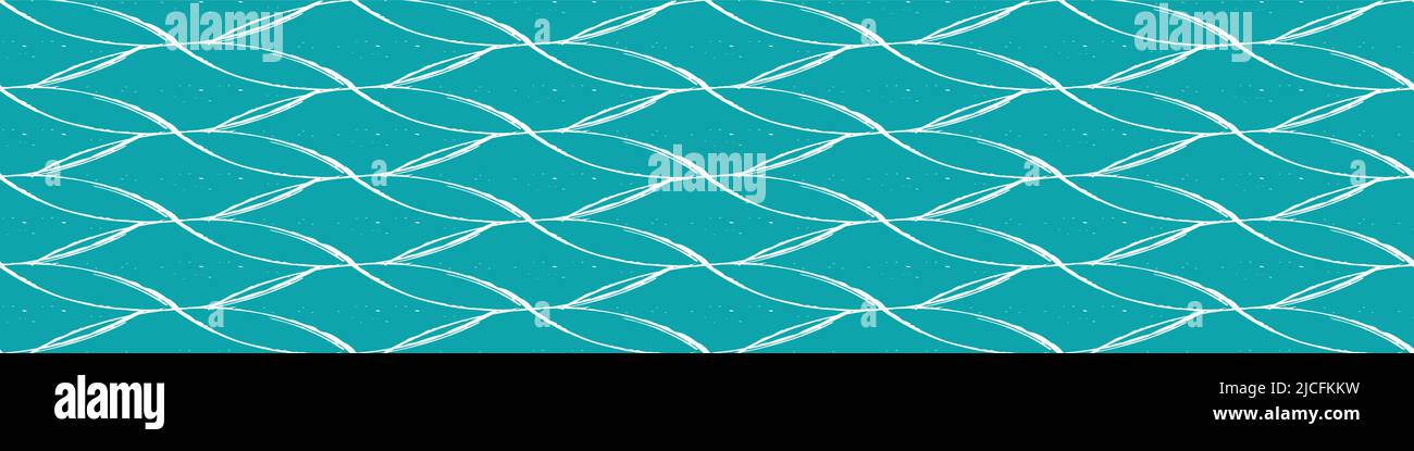 Abstract painterly lattice weave seamless border. Fine calligraphy brush interlocking woven banner. Blue white wave design. Overlapping waves with Stock Vector