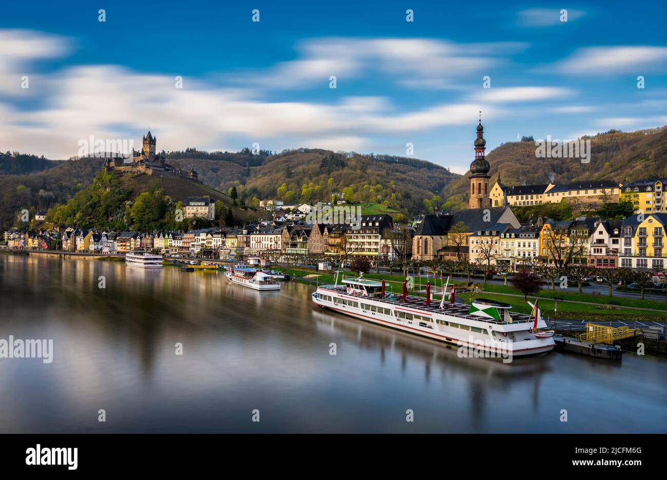 Old town and the Cochem Reichsburg castle on the Moselle river in Germany Stock Photo