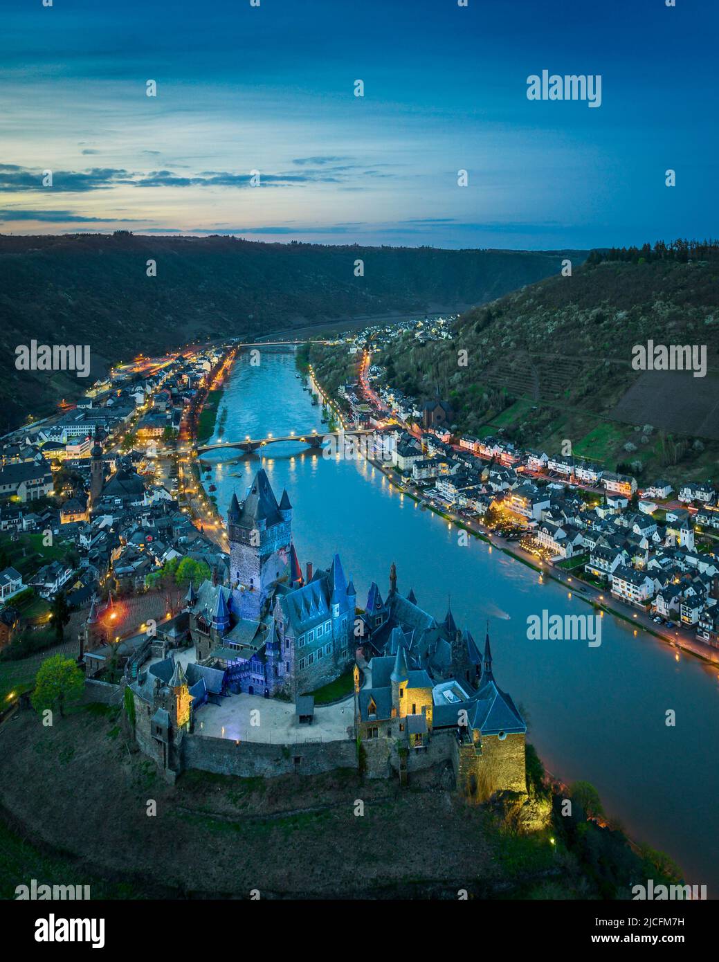 Aerial view of the Cochem Reichsburg castle on the Moselle river in Germany Stock Photo